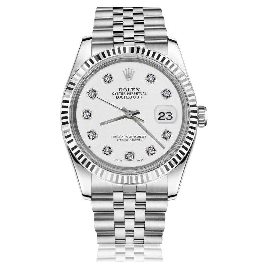 Rolex 26mm Datejust Stainless Steel White Color Dial with Diamonds Watch 69174 For Sale