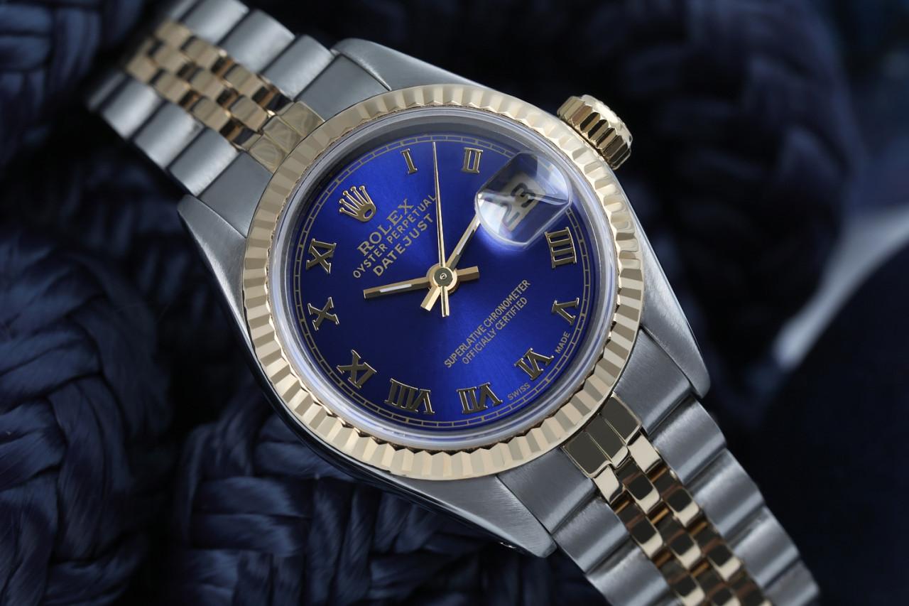 Rolex Montre Datejust 26 mm à chiffres romains bicolores, couleur bleue, 69173 Pour femmes en vente