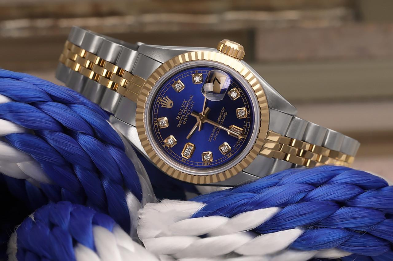 Rolex Datejust 69173 Zweifarbiges blaues Zifferblatt mit Baguette-Diamant-Akzent-Uhr (Rundschliff) im Angebot