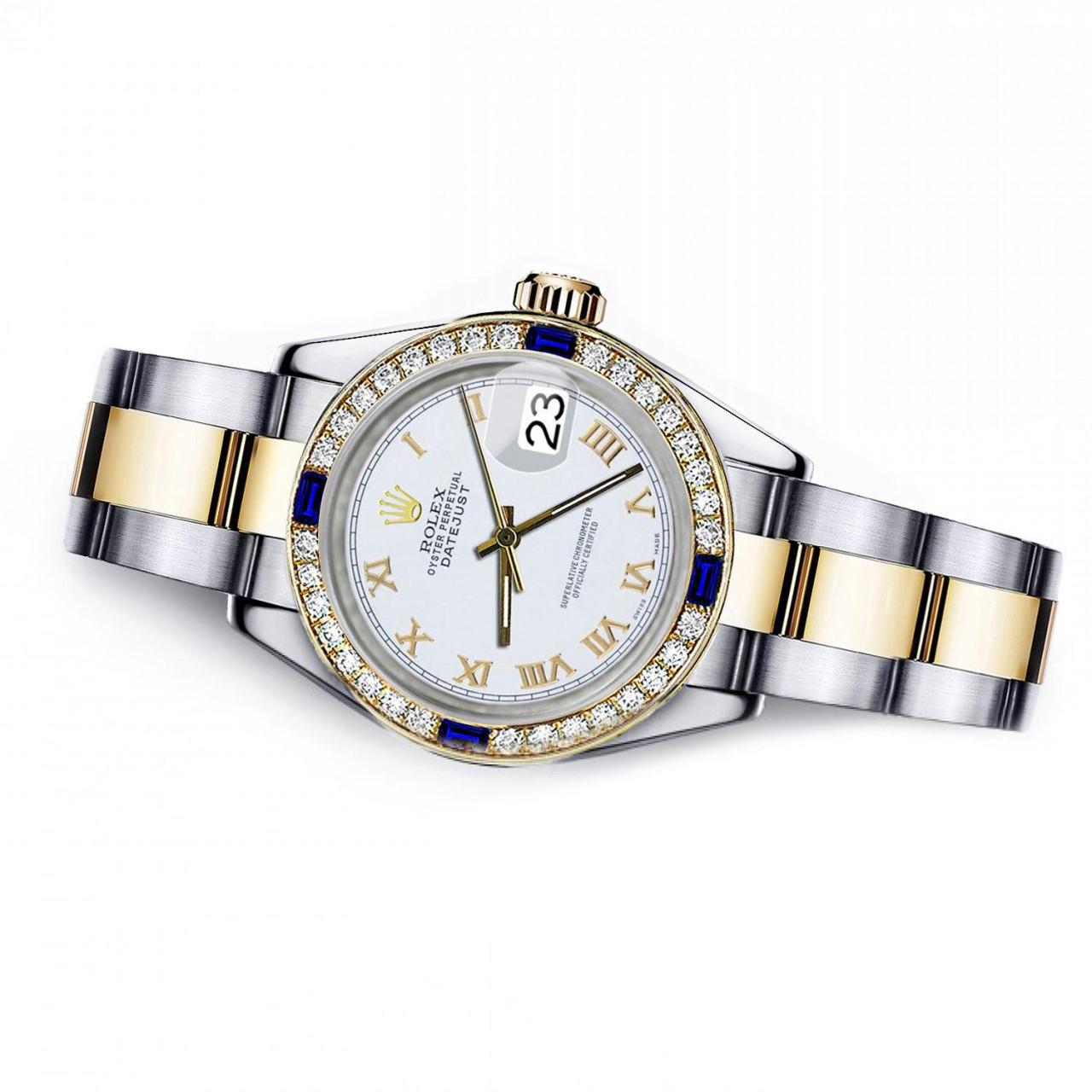 Rolex White Roman 26mm Datejust 2Tone Diamonds + Sapphire Bezel Watch 69173
