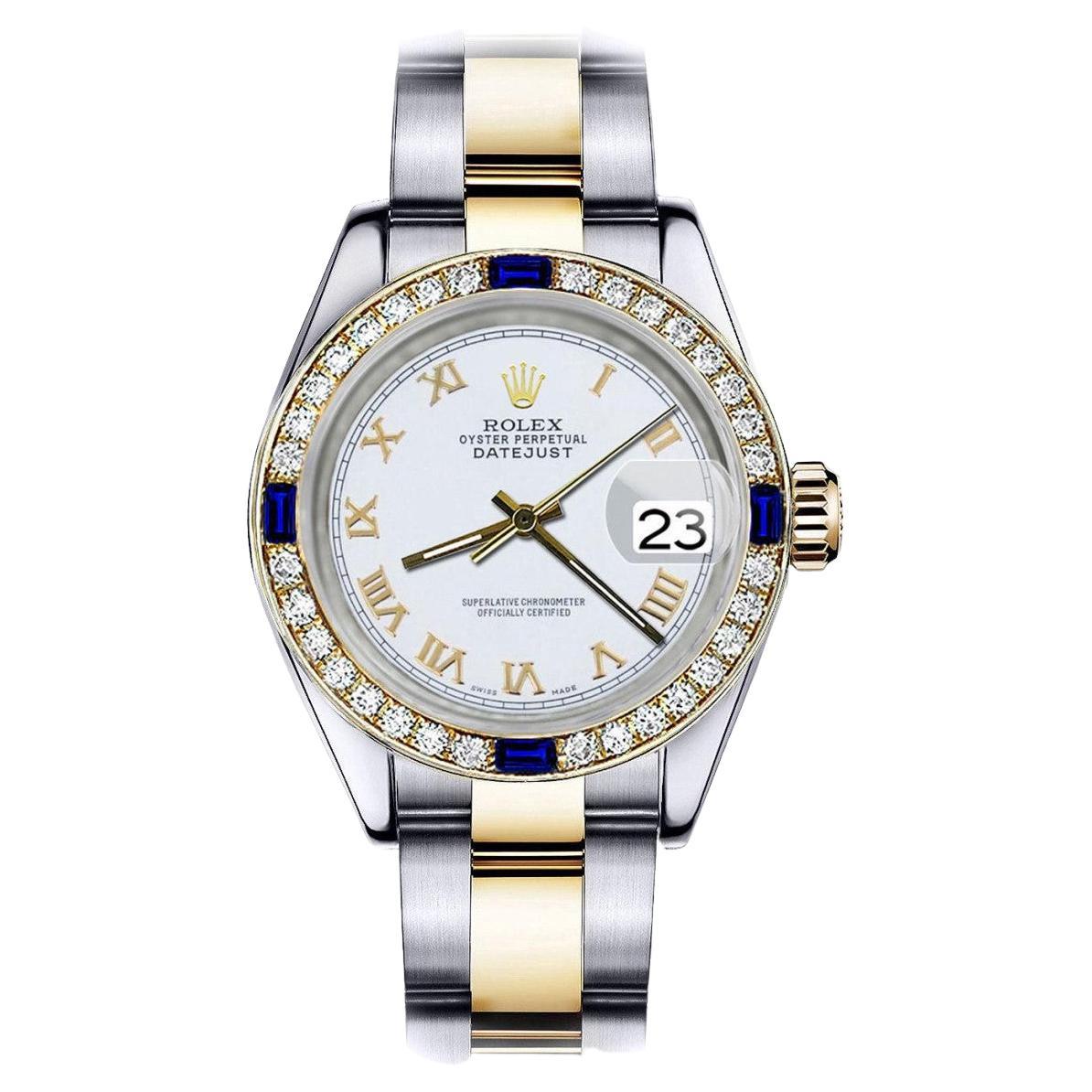 Rolex Datejust 69173 Two Tone Diamonds + Sapphire Bezel White Roman Dial Watch  For Sale