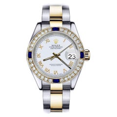 Rolex Datejust 69173 Weiße Uhr mit zweifarbigen Diamanten + Saphir-Lünette und weißem römischen Zifferblatt 