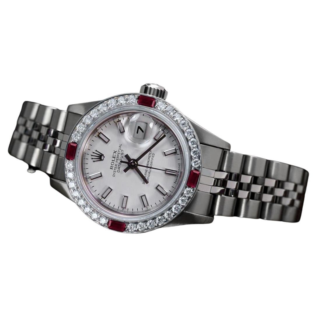 Rolex Datejust White Dial Diamond & Ruby Bezel Ladies Stainless Steel Watch 