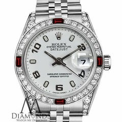 Rolex Datejust White Dial Diamond & Ruby Bezel Stainless Steel Watch