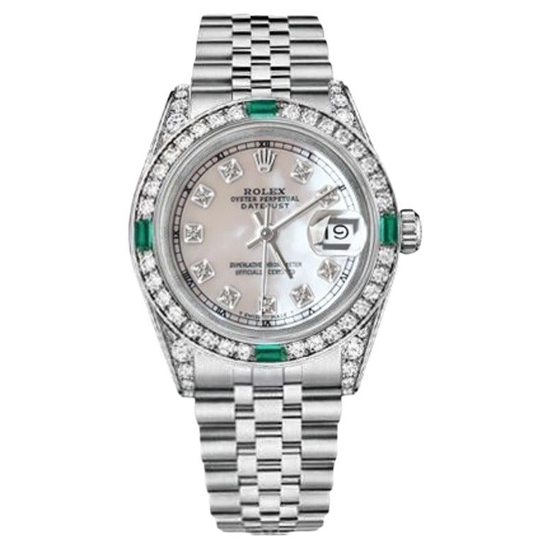 Rolex Datejust 69174 White MOP RT Dial Diamond Bezel with Emeralds and Diamonds For Sale