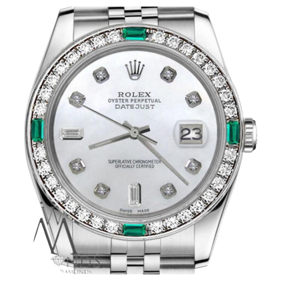 Rolex Datejust 69173 White Mother Of Pearl Diamond Dial with Emeralds For Sale