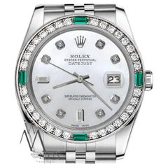 Retro Rolex Datejust 69173 White Mother Of Pearl Diamond Dial with Emeralds