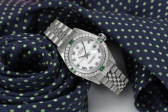 Rolex Datejust White Roman Dial Emerald/Diamond Bezel Steel Watch