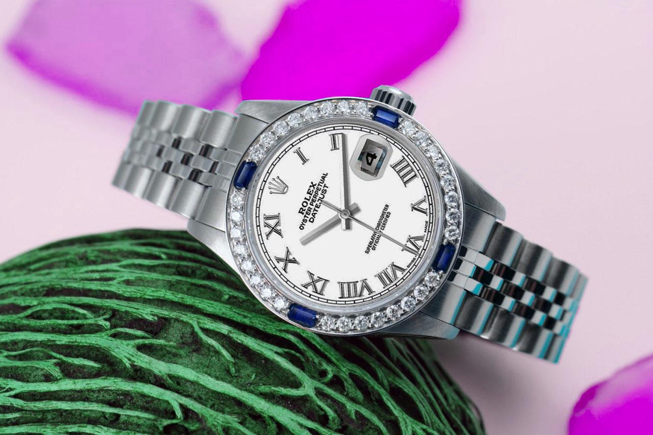 Round Cut Rolex Datejust White Roman Dial Stainless Steel Ladies Watch with Sapphires For Sale