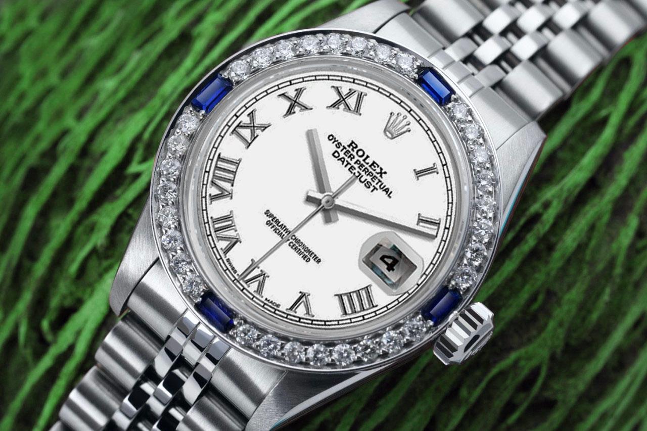 Rolex Datejust White Roman Dial Stainless Steel Ladies Watch with Sapphires In Excellent Condition For Sale In New York, NY