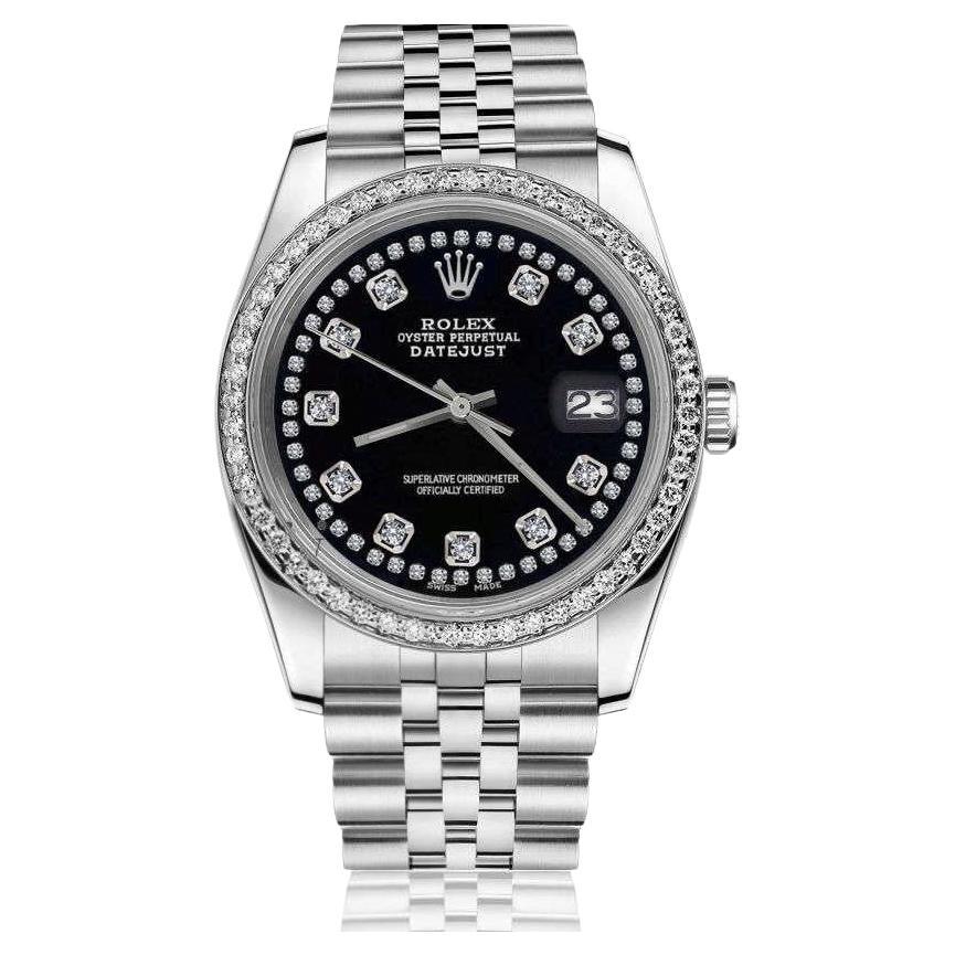 Rolex Datejust With custom Diamond bezel SS Black Color with Diamond Dial 69174 For Sale