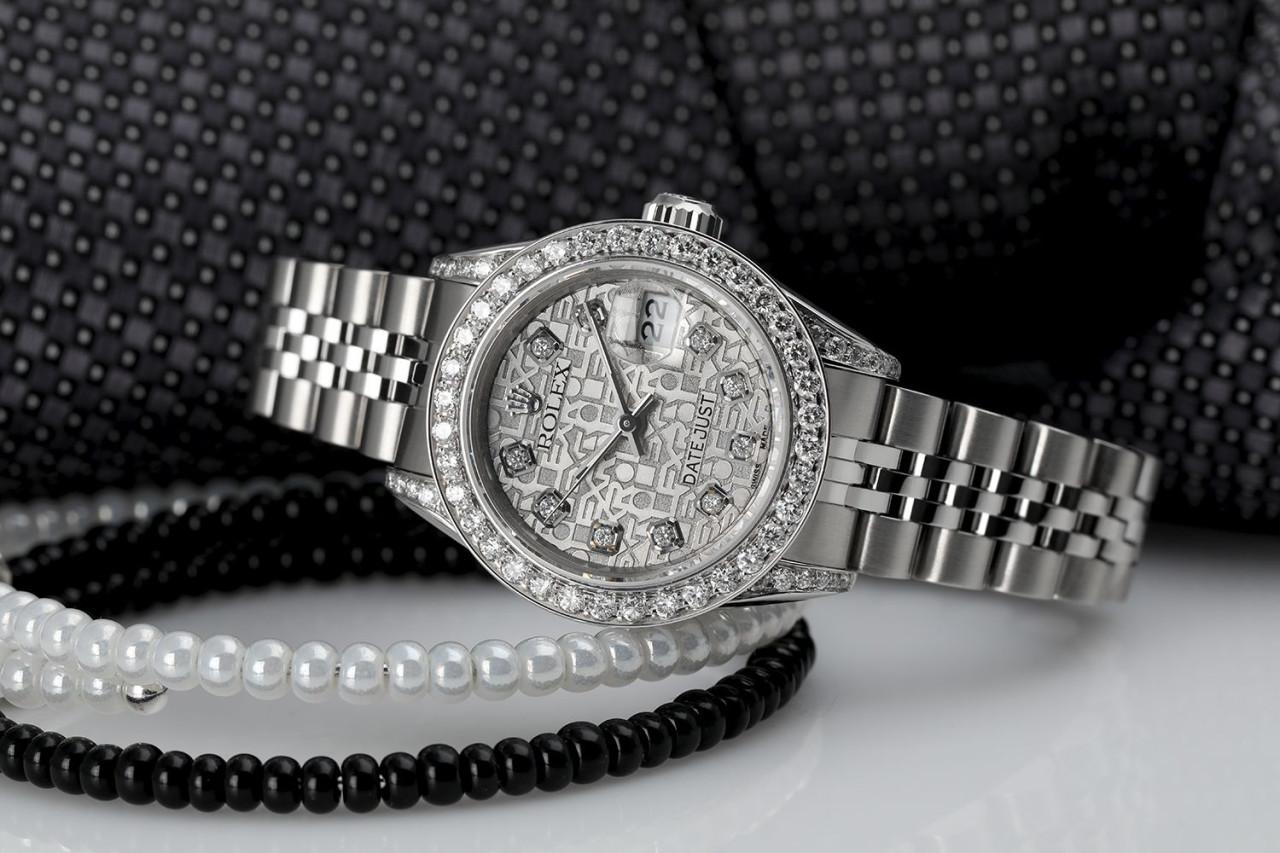 Rolex Datejust avec lunette en diamant personnalisée Lunette et ergots du cadran en diamant SS 69160 Pour femmes en vente