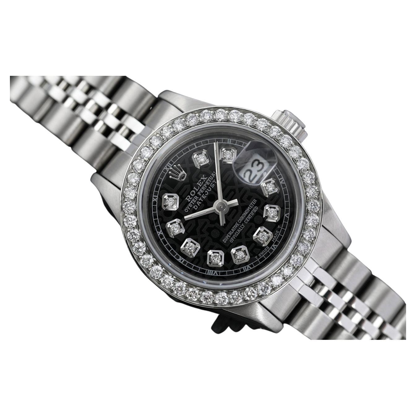 Rolex Datejust with Custom Diamond Bezel SS Jubilee Black Color Dial Watch 69173 For Sale