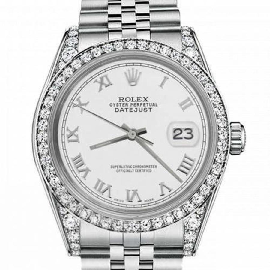 Rolex Datejust 26 mm con lunetta personalizzata con diamanti SS Colore bianco Quadrante con numeri romani Lunetta e anse Fibbia deployante 69160
