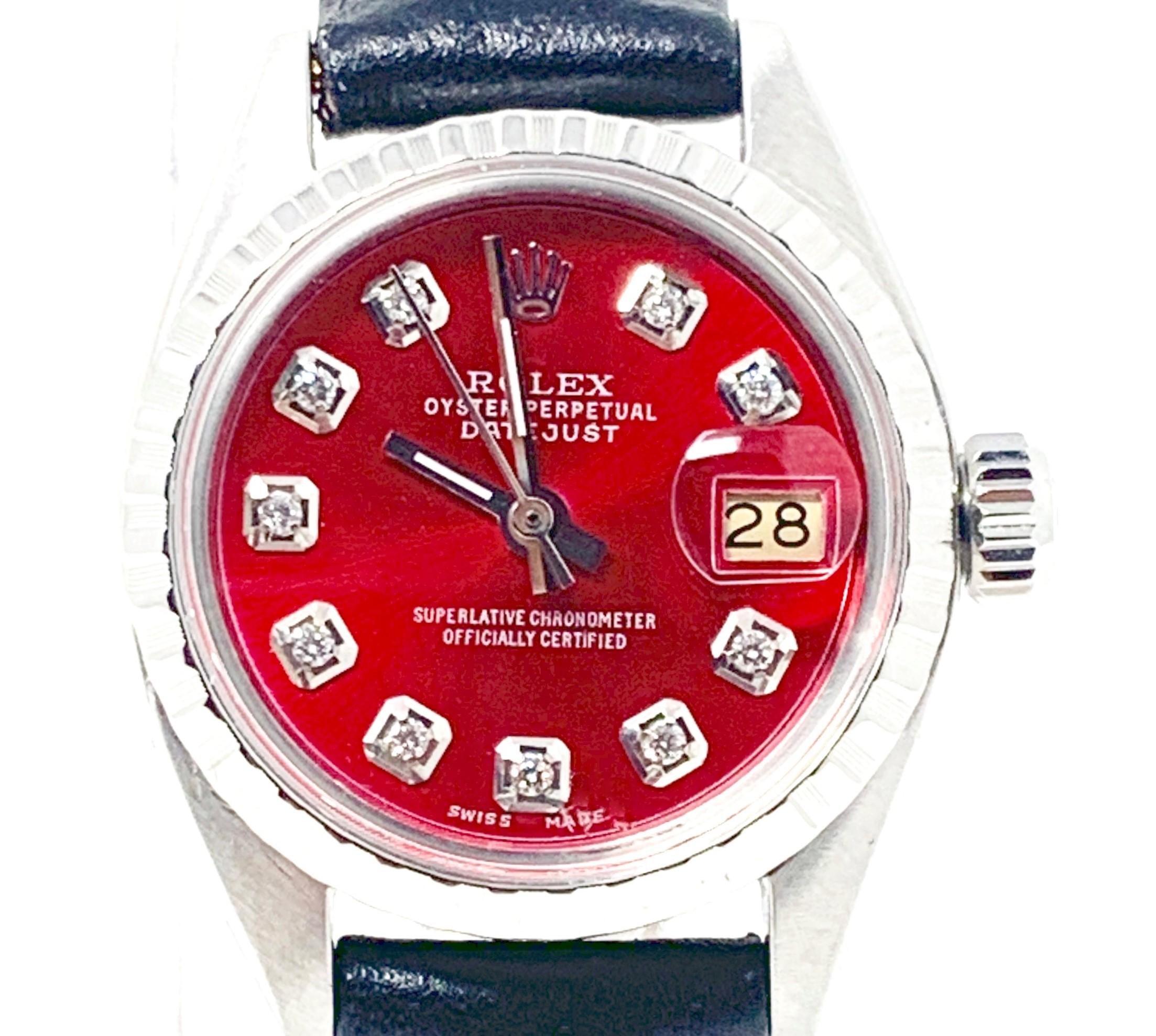 Modern Rolex Ladies 6516 Datejust Red Diamond on Leather For Sale