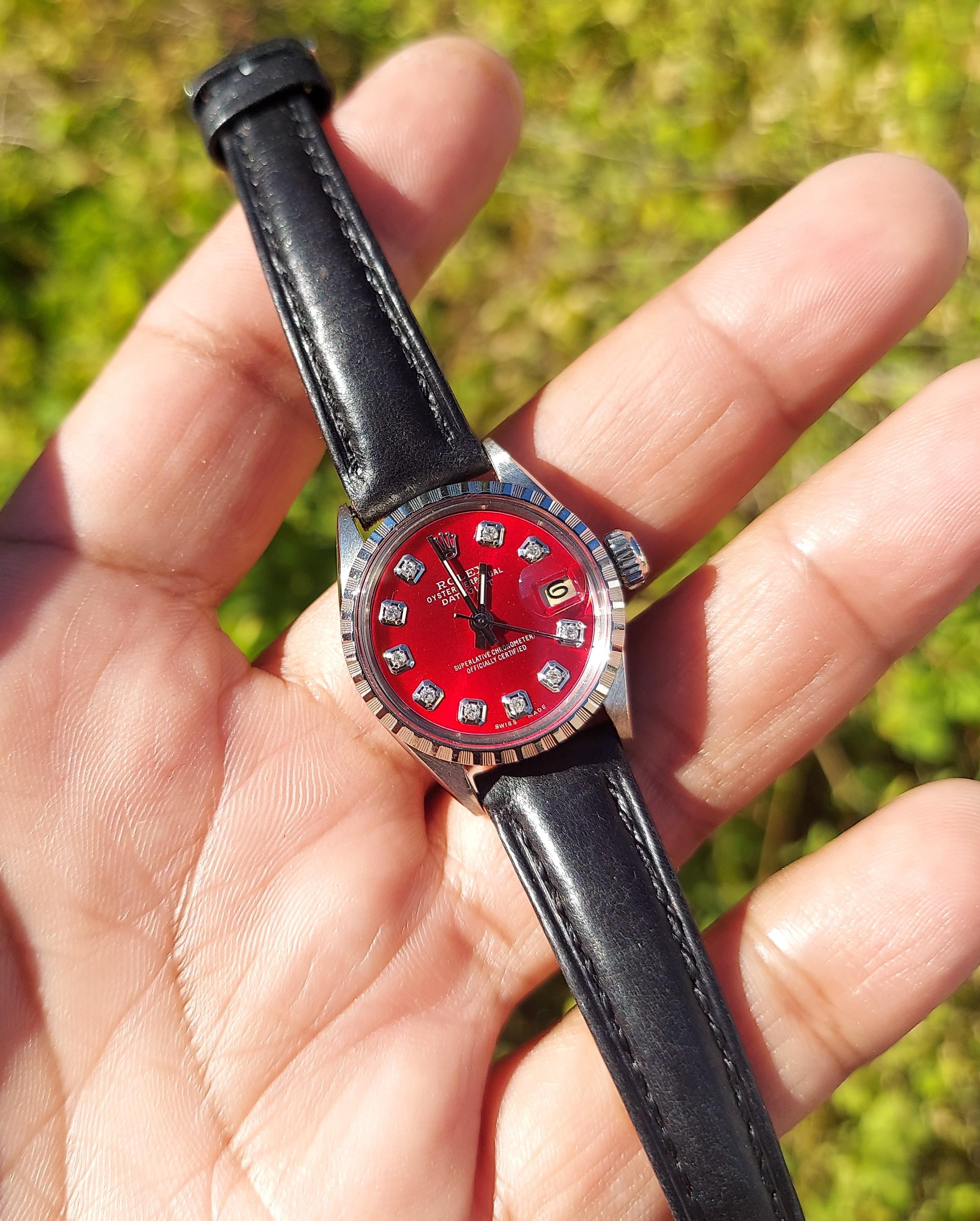 Round Cut Rolex Ladies 6516 Datejust Red Diamond on Leather For Sale