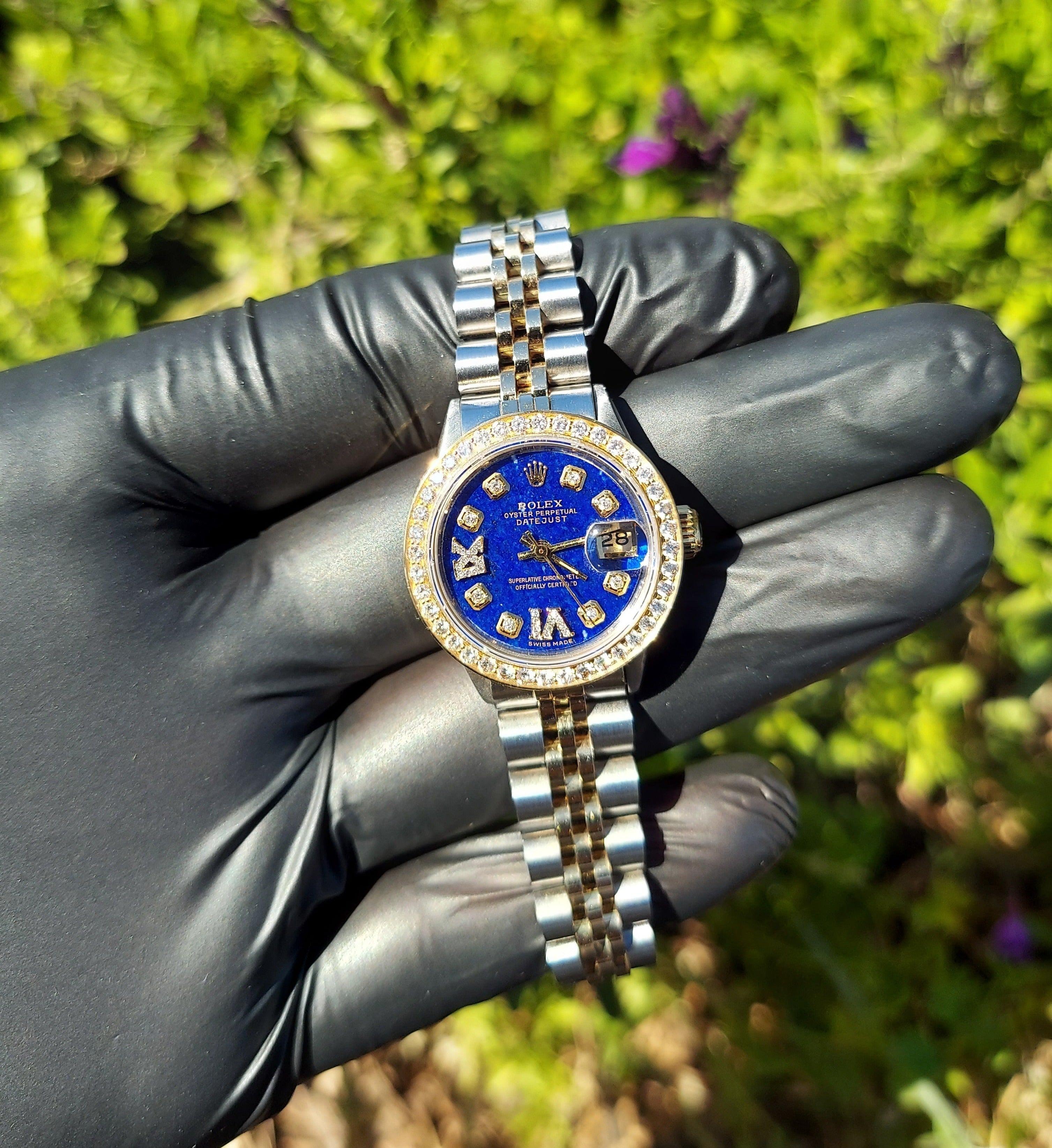 Round Cut Rolex Ladies Datejust 6517 Lapis Lazuli Diamond Jubilee Roman For Sale