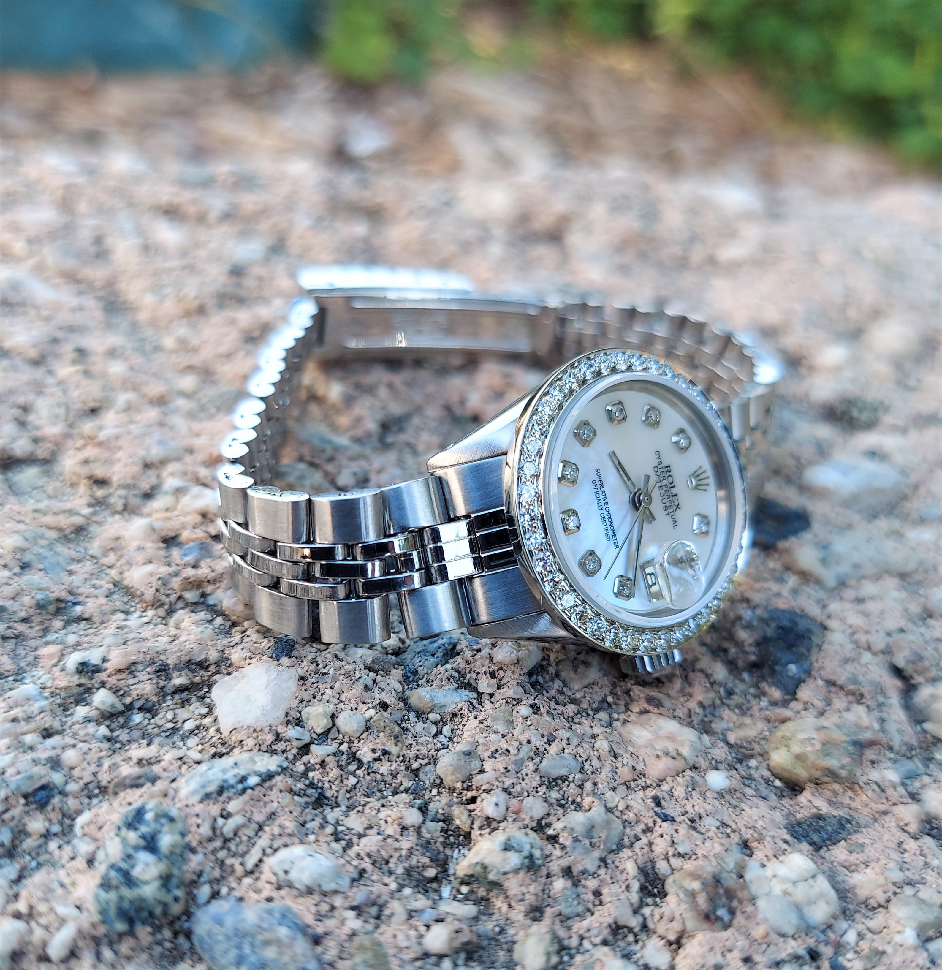 Round Cut Rolex 26mm Ladies Datejust 6517 White Mother-Of-Pearl Diamond Jubilee
