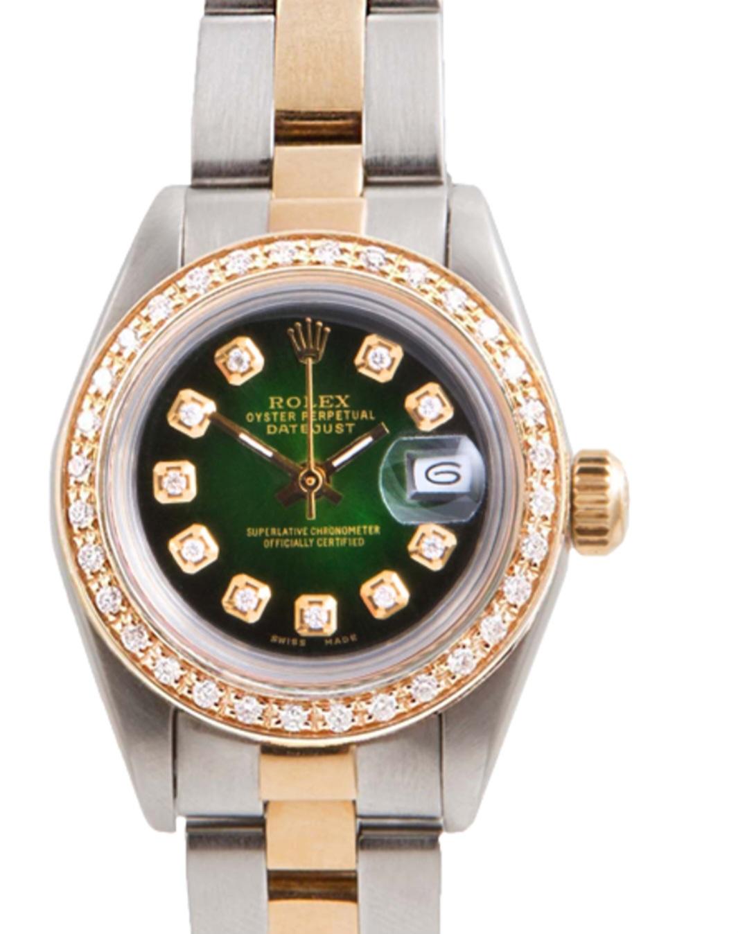 Round Cut Rolex 26mm Ladies Datejust Green Diamond oyster  For Sale