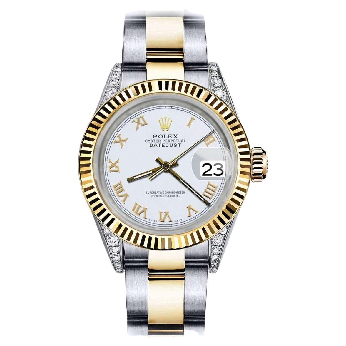 Rolex Montre Datejust pour femme avec cadran à chiffres romains blancs bicolores et cornes en diamant 69173