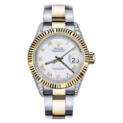 Rolex Montre Datejust pour femme avec cadran à chiffres romains blancs bicolores et cornes en diamant 69173