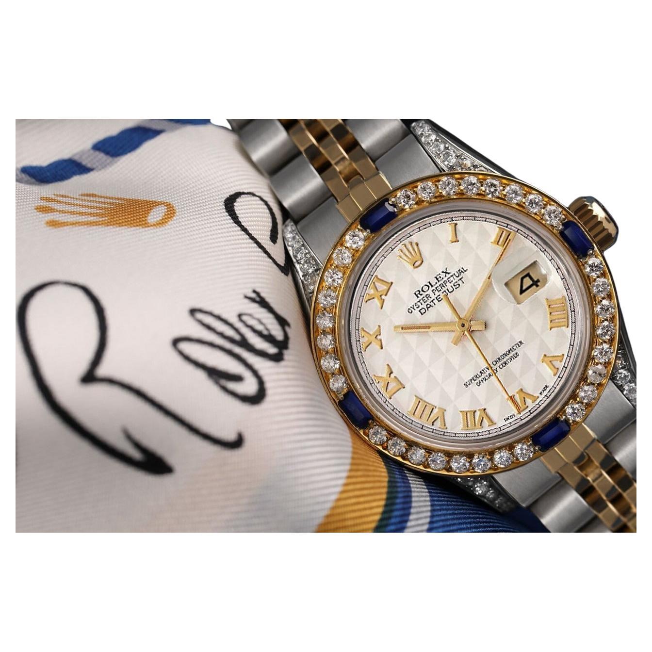 Rolex -Lady-Datejust Cream Pyramid Roman Dial Two Tone Watch Jubilee Band 69173