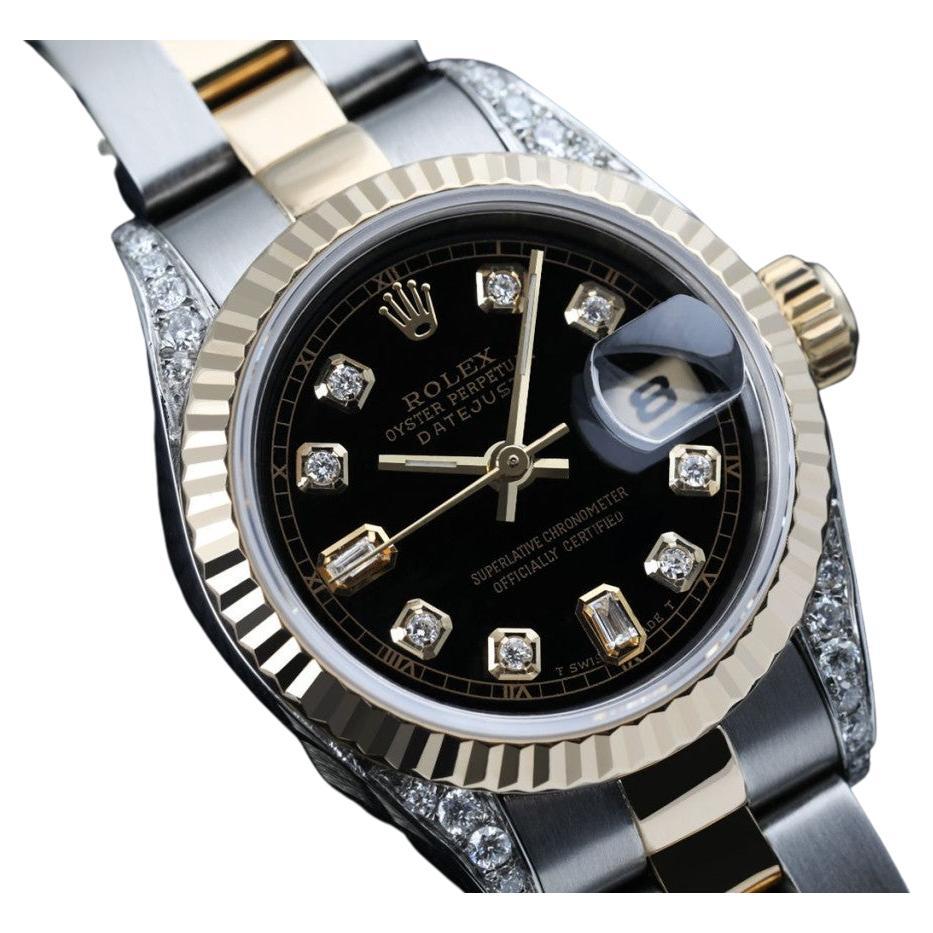 Rolex 26mm Lady-Datejust Two-Tone Black Color Dial with 8 + 2 Diamond + Lugs  For Sale