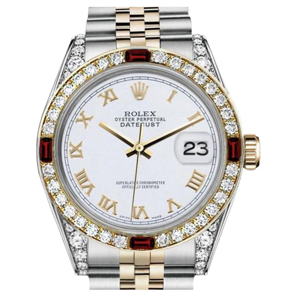 Rolex Montre Lady-Datejust avec cadran chiffres romains blancs et lunette en diamants + cornes et rubis 69173 en vente