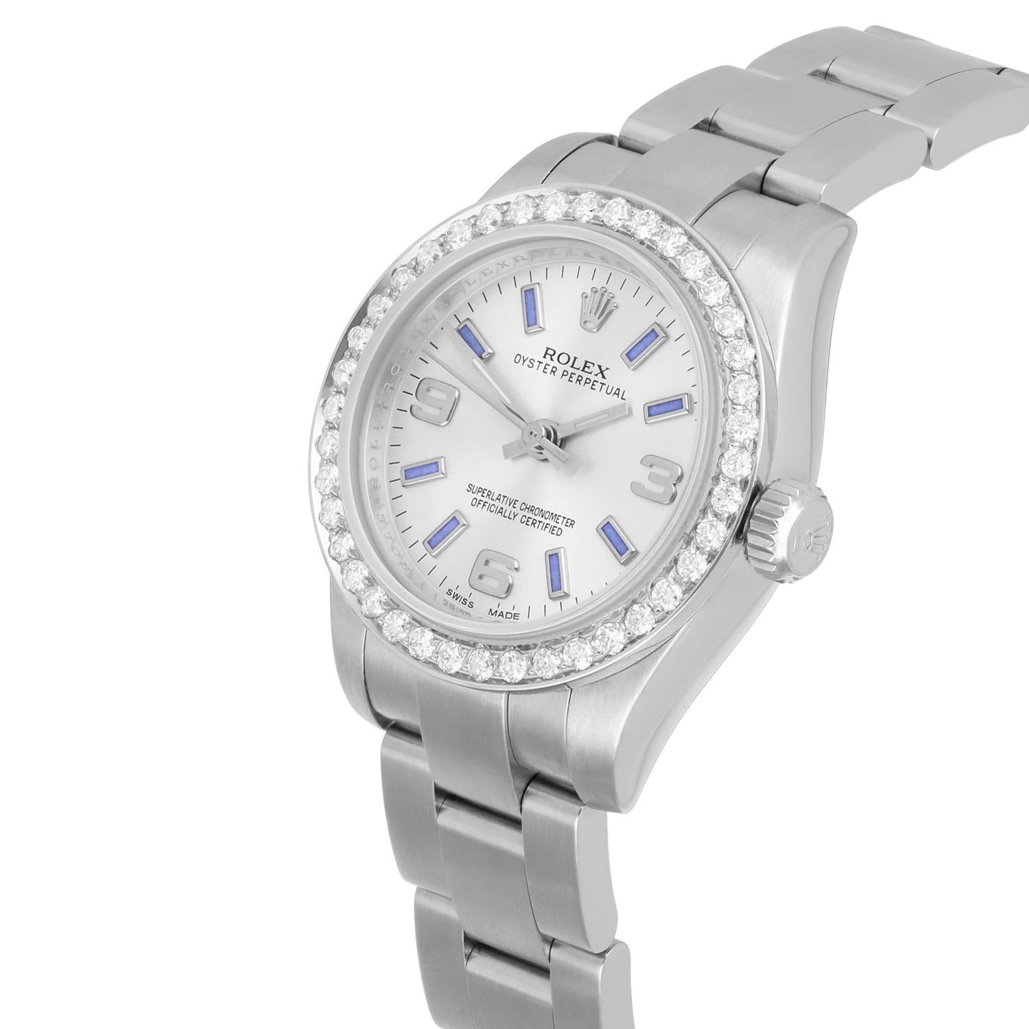 Modern Rolex 26mm OP Silver Dial Stainless Steel Ladies Watch 176200 Diamond Accent For Sale