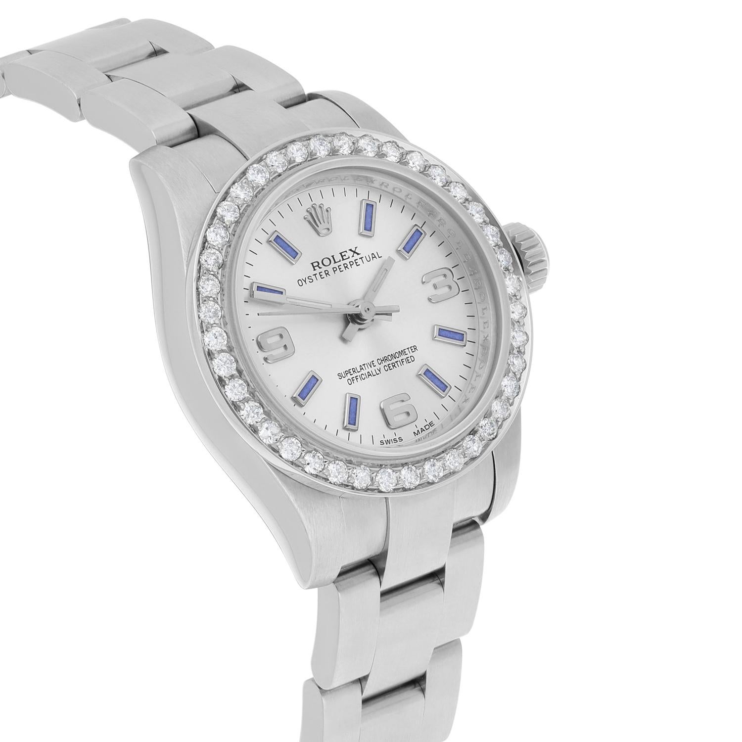 Rolex 26mm OP Silver Dial Stainless Steel Ladies Watch 176200 Diamond Accent In Excellent Condition For Sale In New York, NY