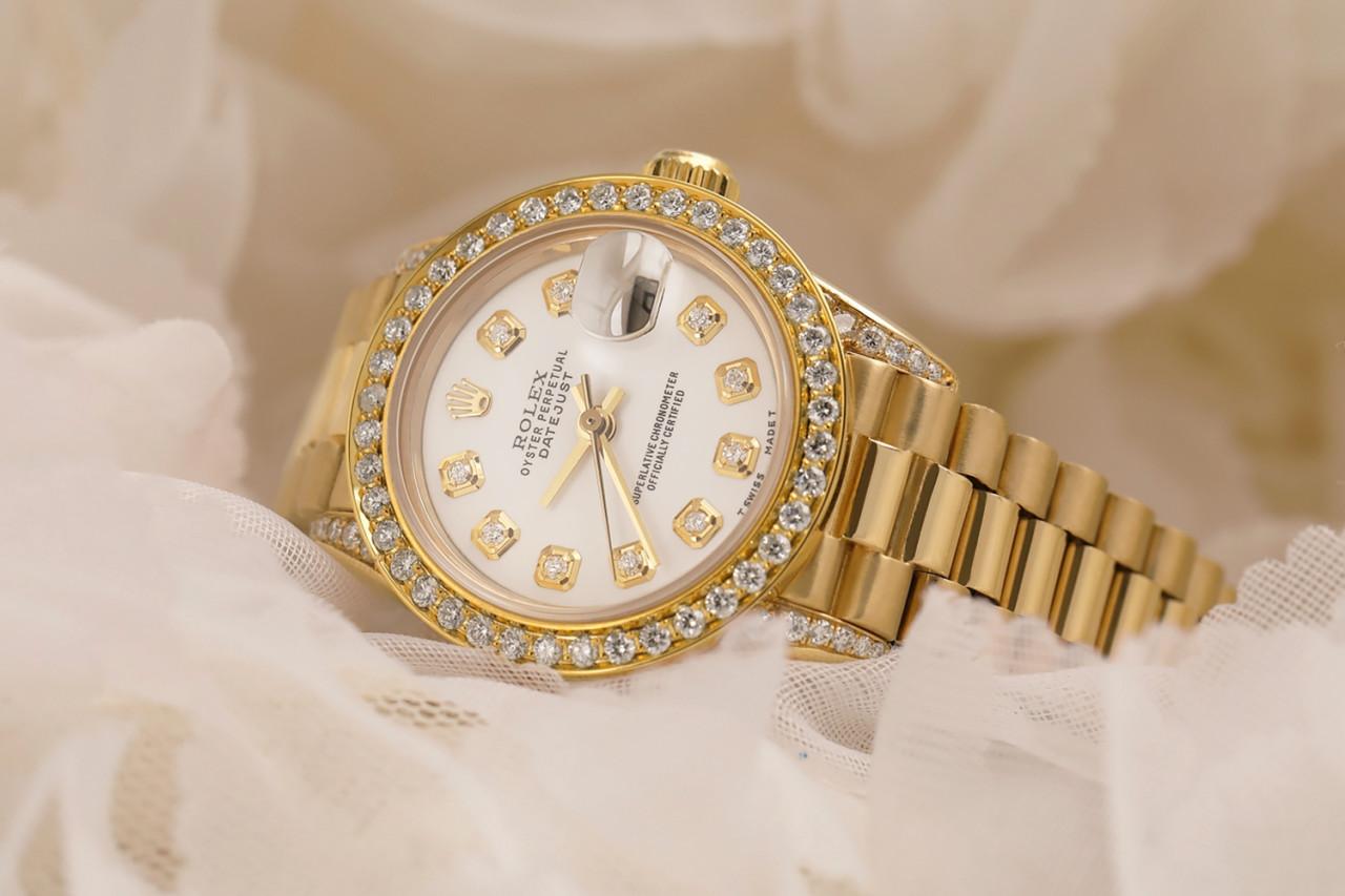 Women's Rolex Presidential 18kt Gold White Diamond Dial Bezel and Lugs 6917 For Sale