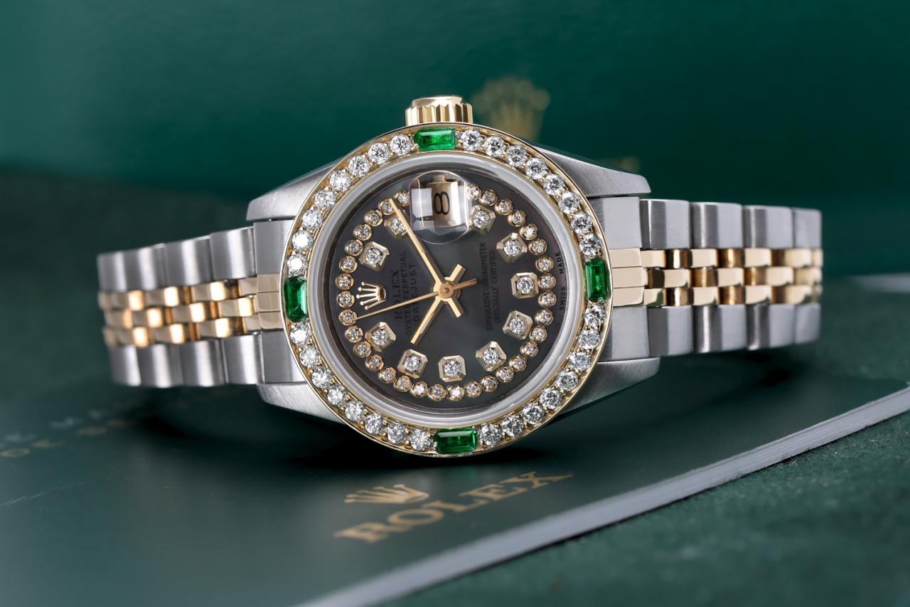 Rolex 26mm Two Tone Black MOP String Diamond Dial Diamond Bezel with Emeralds In Excellent Condition For Sale In New York, NY