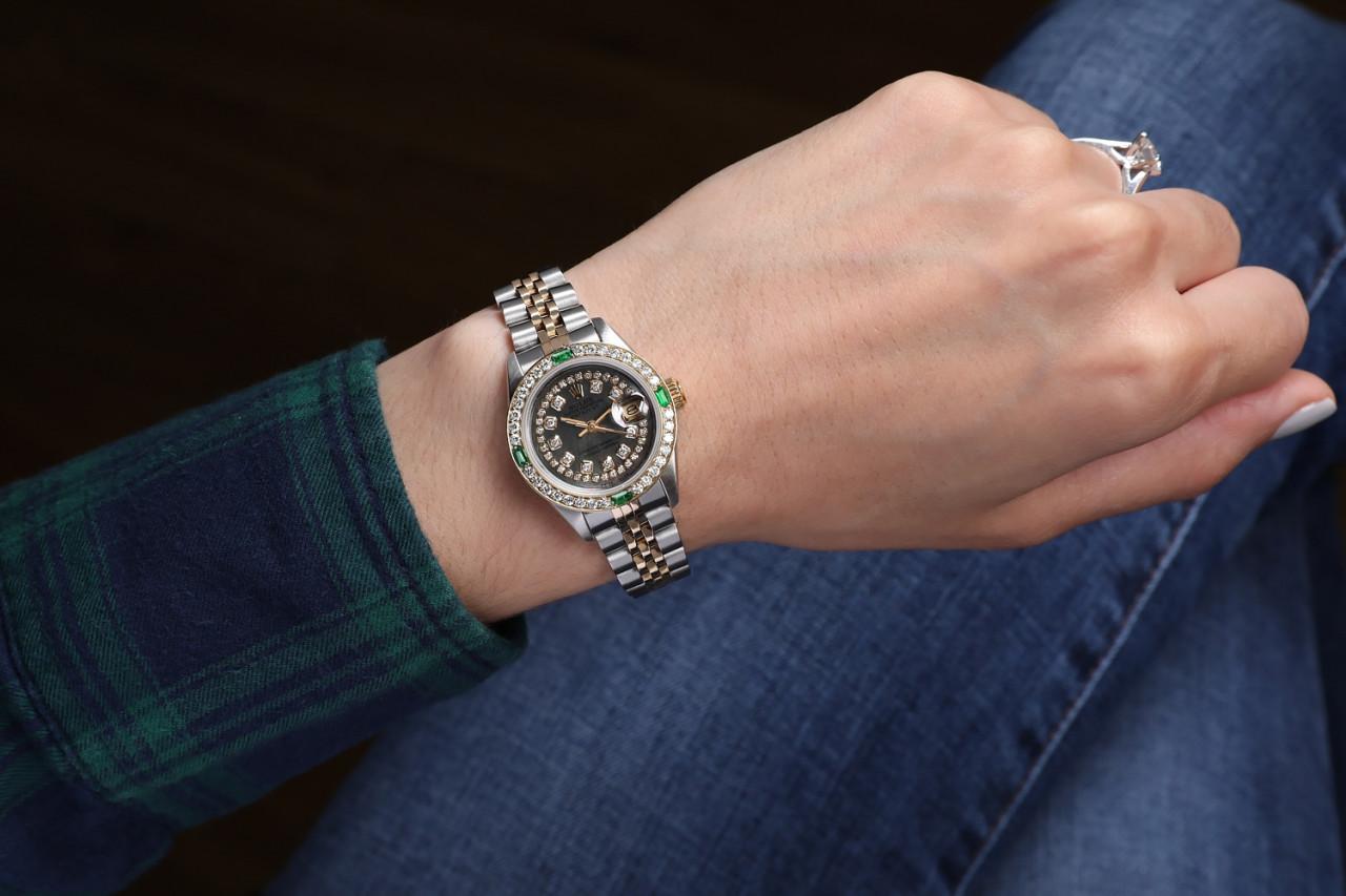 Emerald Cut Rolex 26mm Two Tone Black MOP String Diamond Dial Diamond Bezel with Emeralds For Sale