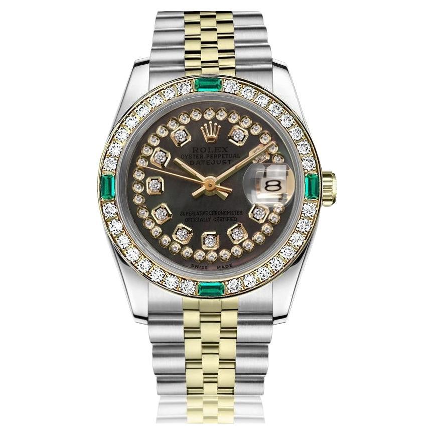Rolex 26mm Two Tone Black MOP String Diamond Dial Diamond Bezel with Emeralds For Sale