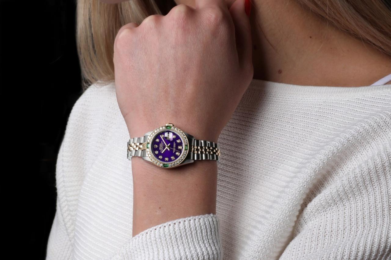 Women's Rolex 26mm Two Tone Purple Diamond Dial Vintage Diamond Bezel & Emeralds Watch For Sale