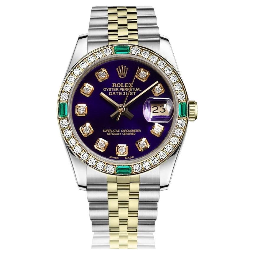 Rolex 26mm Two Tone Purple Diamond Dial Vintage Diamond Bezel & Emeralds Watch For Sale