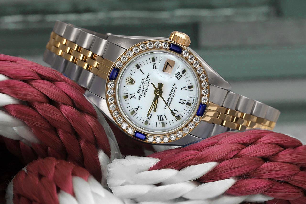 Rolex White Roman Dial Diamond/Sapphire Bezel Two Tone Watch In Excellent Condition For Sale In New York, NY