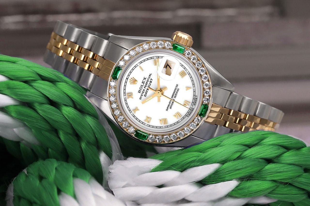 We take great pride in presenting this timepiece, which is in impeccable condition, having undergone professional polishing and servicing to maintain its pristine appearance. The watch features aftermarket diamonds (non-Rolex), and there are no