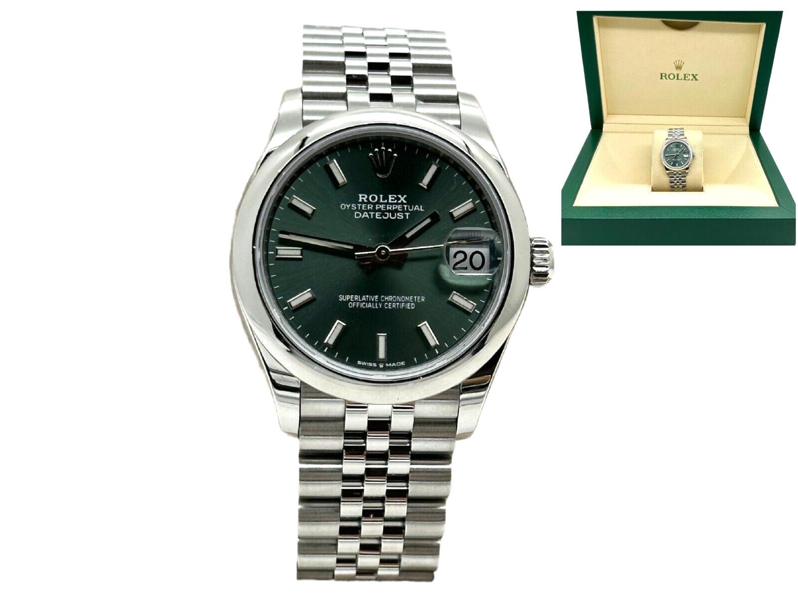 Women's or Men's Rolex 278240 Datejust Midsize 31mm Green Dial Stainless Steel Jubilee Band Box For Sale