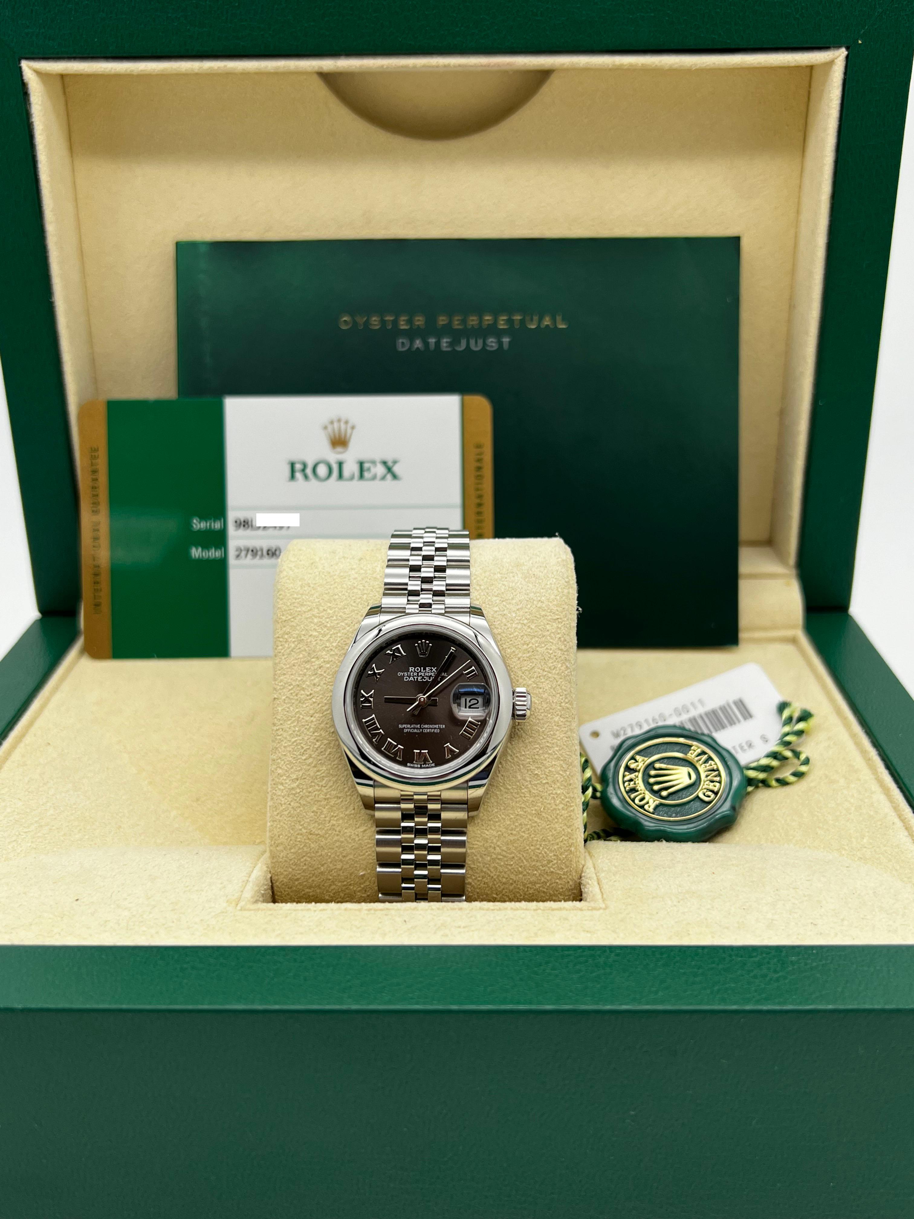 Style Number: 279160



Serial: 98LJ2***



Year: 2020

 

Model: Ladies Datejust 28mm

 

Case Material: Stainless Steel 

 

Band: Stainless Steel 

 

Bezel: Stainless Steel  Smooth Bezel 

 

Dial: Dark Grey 

 

Face: Sapphire Crystal 

 

Case