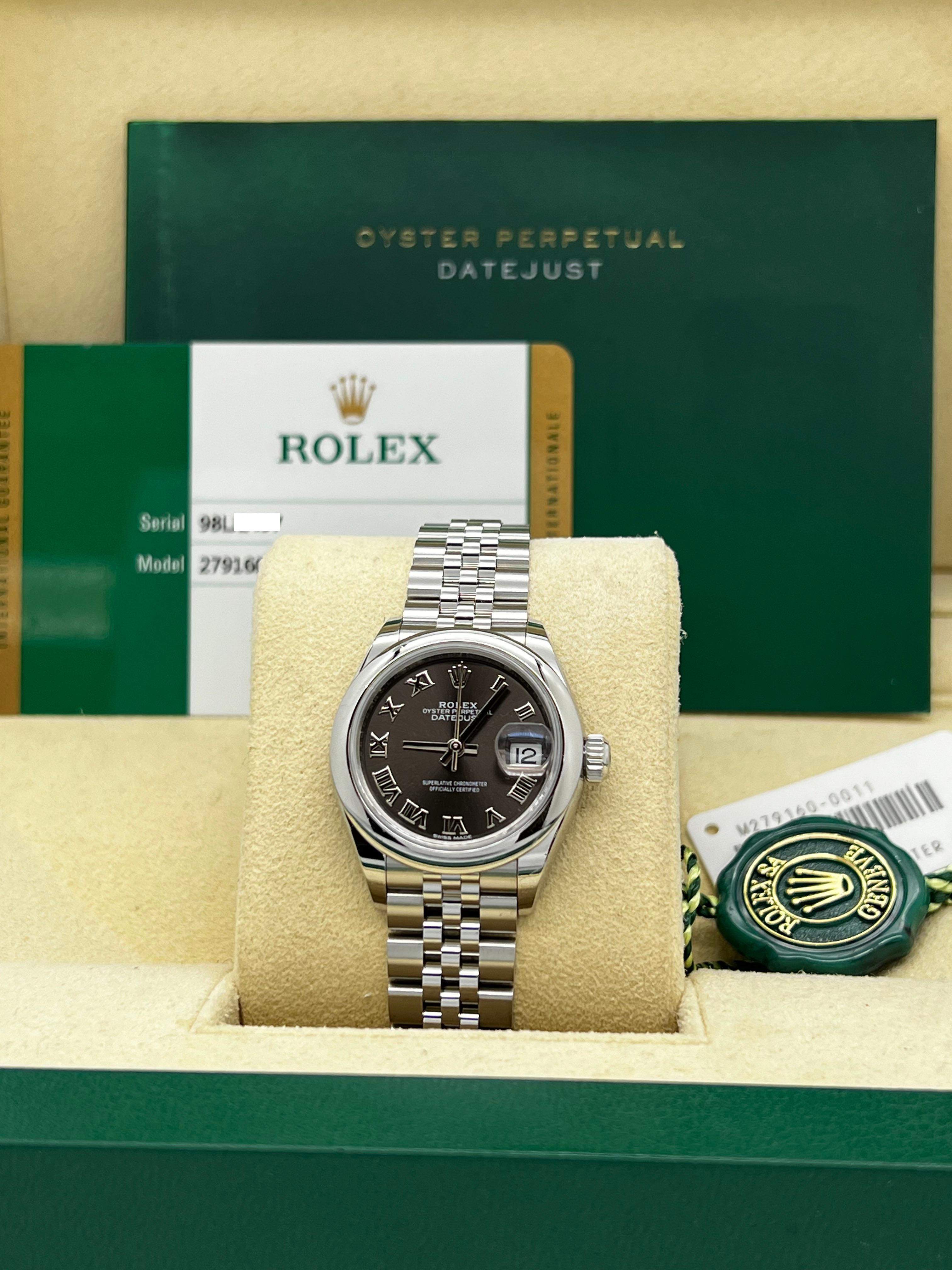 Rolex 279160 Ladies Datejust 28mm Dark Grey Dial Steel Box Paper 2020 In Excellent Condition For Sale In San Diego, CA