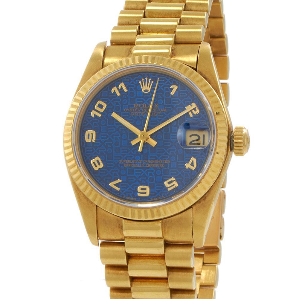 Rolex 31MM or jaune 18KT Datejust Ref. 6827 avec cadran bleu jubilé Bon état - En vente à New York, NY