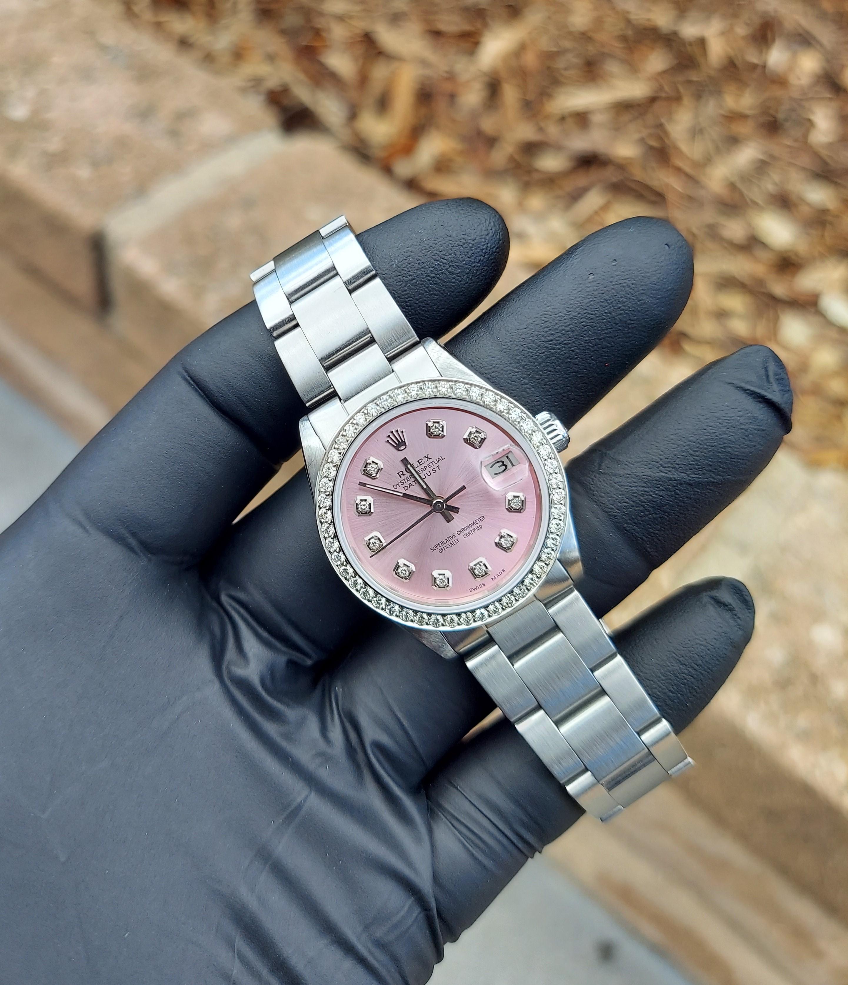 Taille ronde Rolex Ladies 31mm 6824 Ladies Pink Diamond Oyster Steel en vente