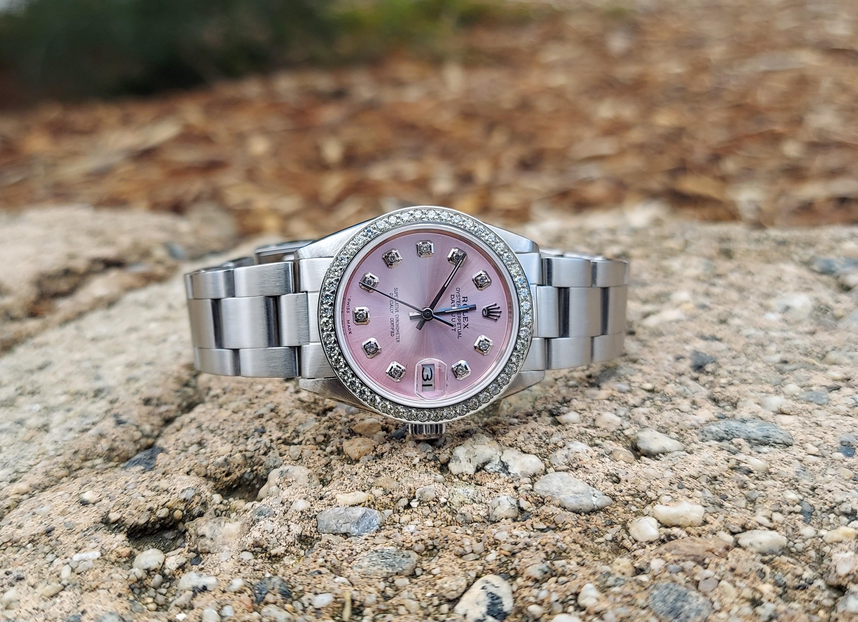 Modern Rolex Ladies 31mm 6824 Ladies Pink Diamond Oyster Steel For Sale