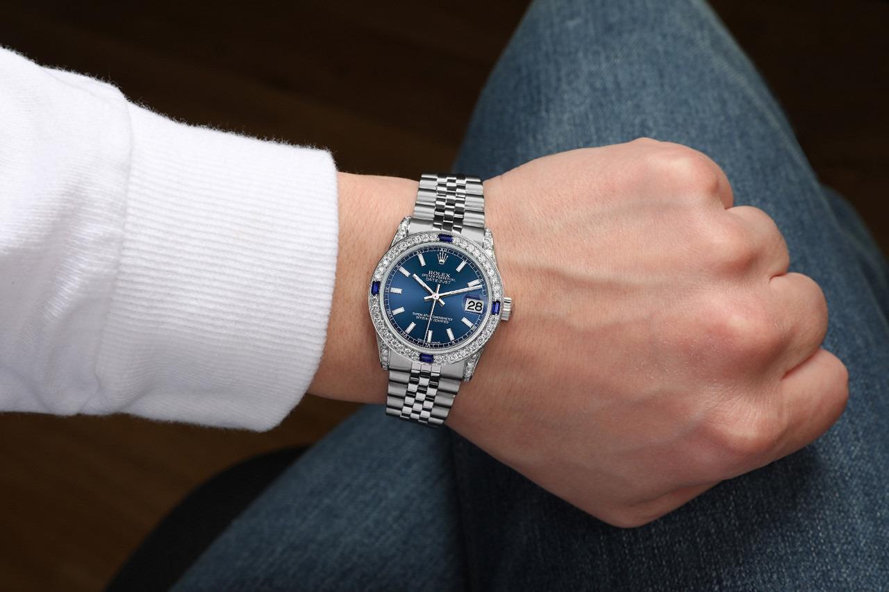 Rolex 31mm Datejust Blue Stick Dial Bezel with Sapphires and Diamond Lugs 68274
