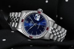 Rolex Datejust Blue Stick Dial Ruby / Diamond Bezel Watch