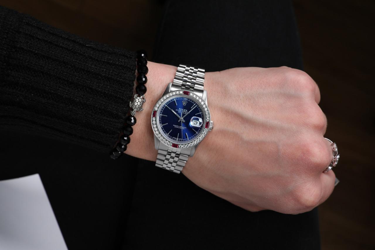 Rolex 31mm Datejust Blue Stick Dial with Ruby & Diamond Bezel Ladies Watch 68274
