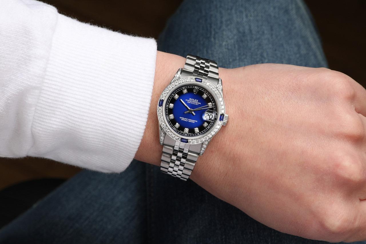 Round Cut Rolex Datejust Blue Vignette Diamond Dial with Sapphires and Diamonds 68274 For Sale