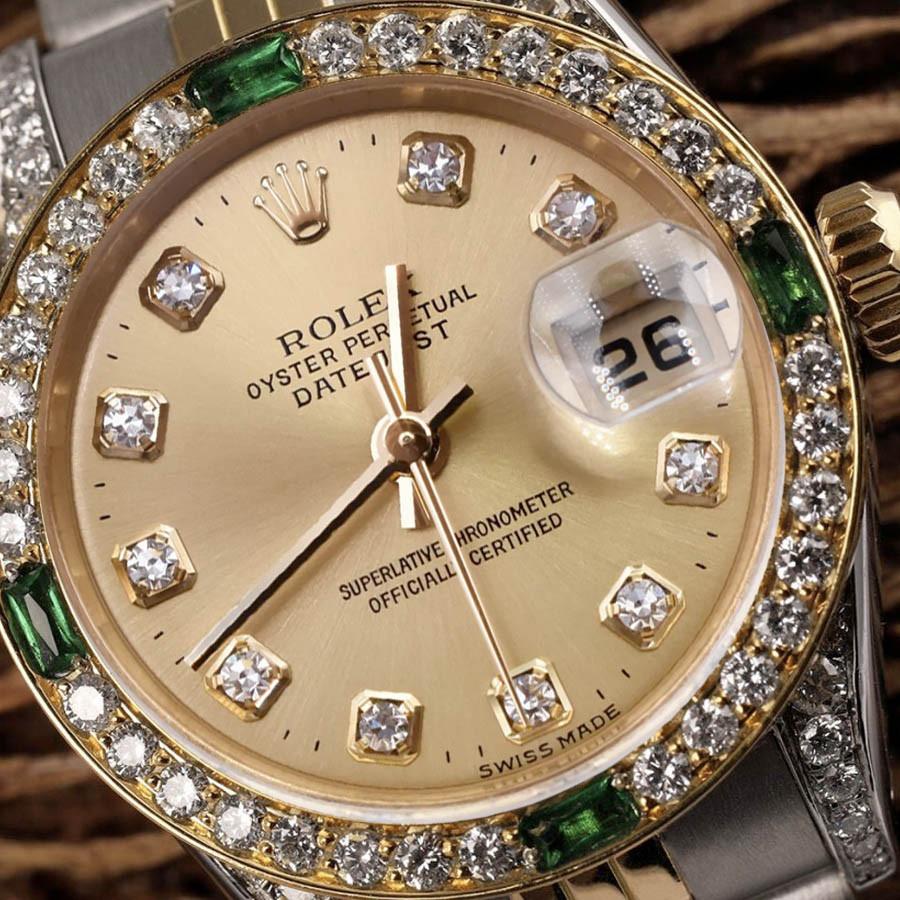 Rolex 31mm Datejust Champagne Diamond Dial Bezel with Emeralds and Diamond Lugs 68273

