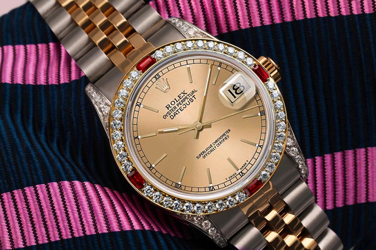 Rolex Datejust Champagne Index Dial Two Tone Jubilee with Rubies & Diamonds For Sale